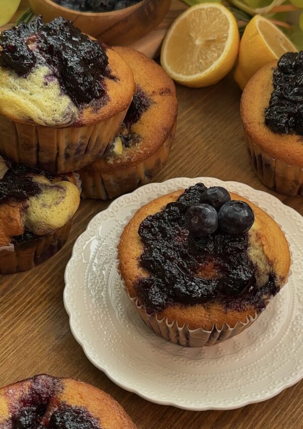 Perfectly Moist and Easy Blueberry Muffins Recipe with a Jam Swirl Twist.